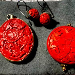 Cinnabar jewelry- 2 pendants and pair earrings